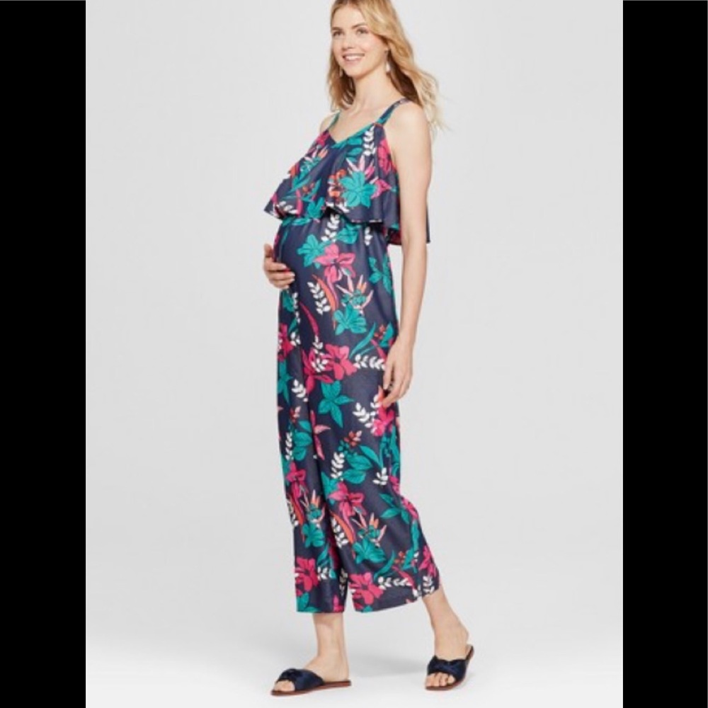 Isabel Maternity Navy Floral Flounce Jumpsuit